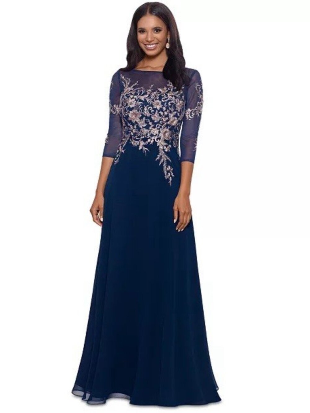 Betsy & Adam Size 10 Navy Floral-Embroidered 3/4-Sleeve Gown Dress Cocktail